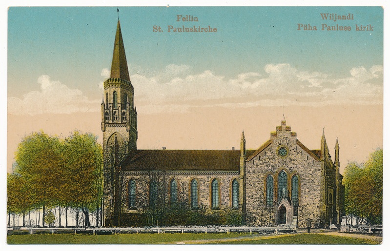 trükipostkaart albumis, Viljandi Pauluse kirik, u 1910, kirjastus E. Ring, koloreeritud