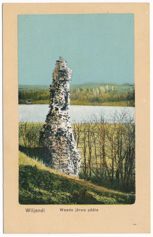 trükipostkaart albumis, Viljandi lossimäed, järv u 1910, kirjastus H. Leoke, koloreeritud
