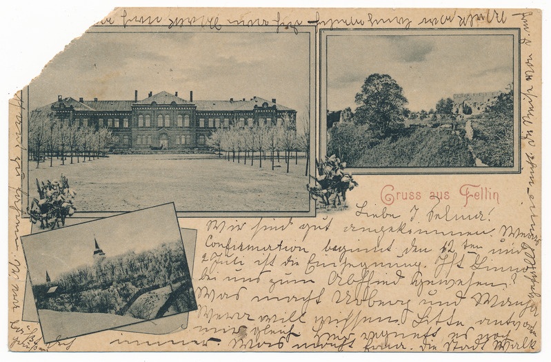 trükipostkaart albumis, Viljandi, 3 vaadet: gümnaasium, Jaani kirik, Kaevumägi u 1905