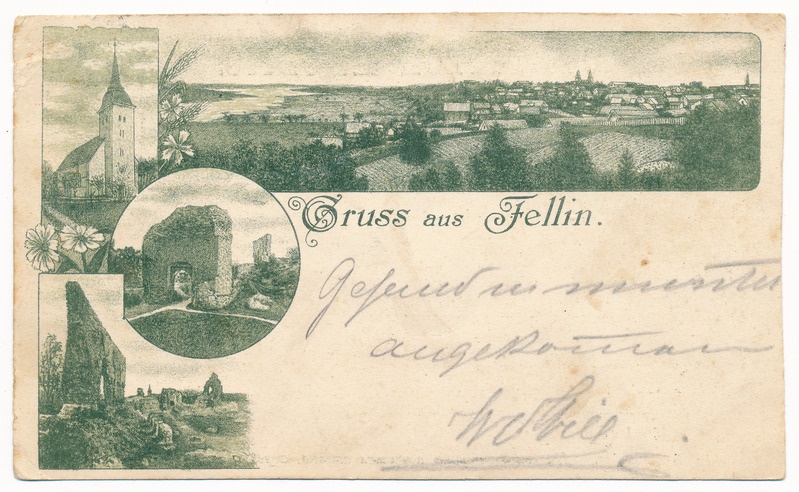 trükipostkaart albumis, Viljandi 4 vaadet: lossimäed, üldvaade, Jaani kirik u 1899