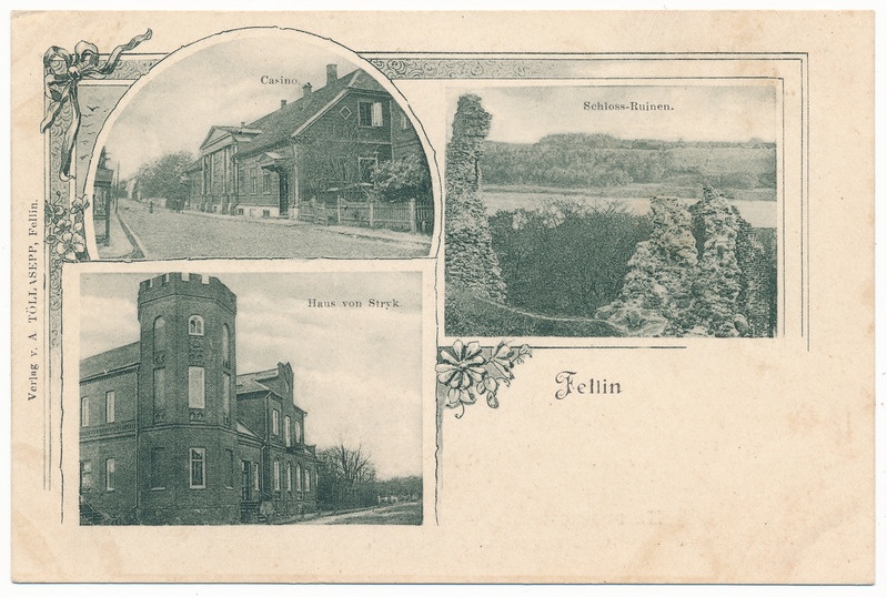 trükipostkaart albumis, Viljandi 3 vaadet: lossimäed, Jakobsoni tn 16, Posti tn 11, kirjastaja A. Tõllasepp, u 1905