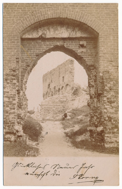 fotopostkaart albumis, Viljandi lossimäed, Kaevumägi, värav, Suurmüür 1901, foto T. Parri