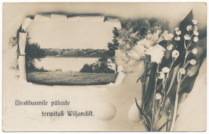 fotopostkaart albumis, kevadpühad, ülestõusmispühad, Viljandi järv, lossimäed, maikellukesed u 1910