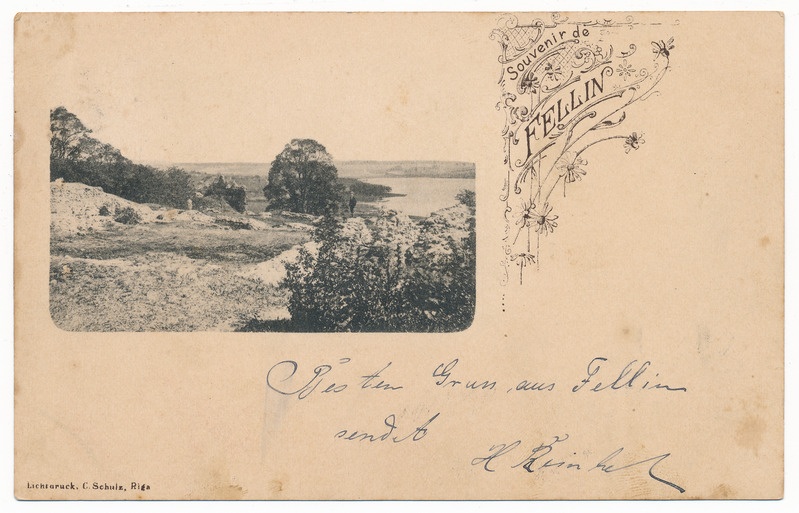 trükipostkaart albumis, Viljandi lossimäed, järv u 1900