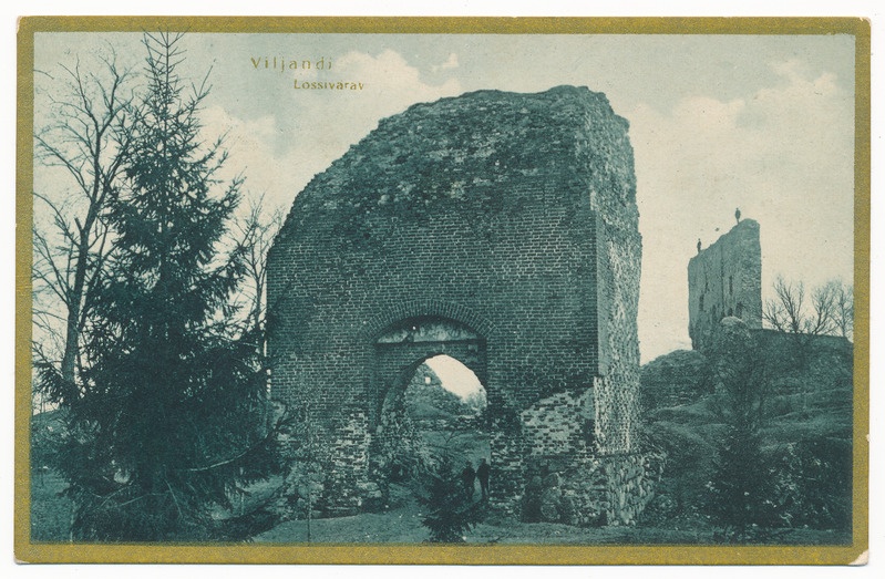 trükipostkaart albumis, Viljandi Kaevumägi, värav, Suurmüür u 1915, kirjastaja H. Leoke 1923