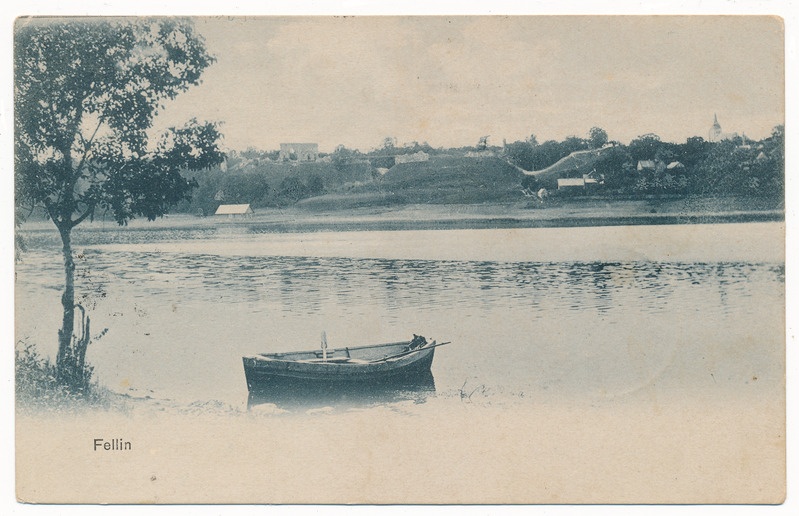 trükipostkaart albumis, Viljandi järv, paat, lossimäed u 1905