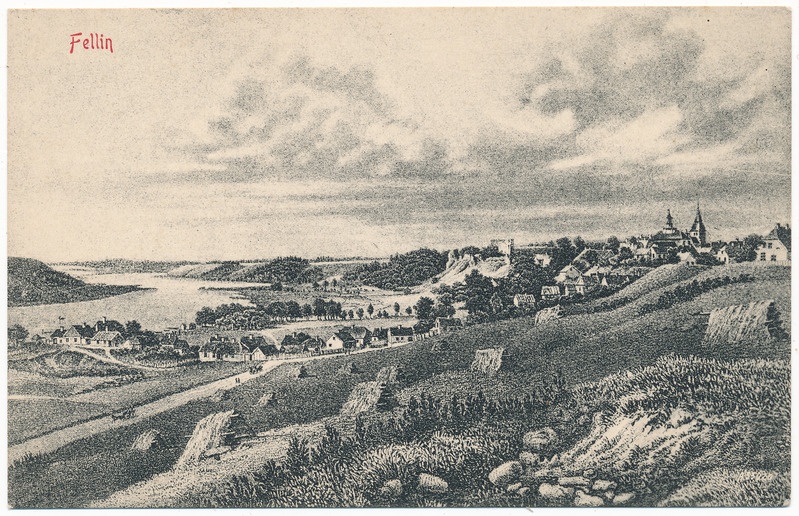 trükipostkaart albumis, vaade Viljandi linnale, järvele Jakobsoni tn poolt, W. S. Stavenhageni gravüür 1840, foto Th. Budewitz