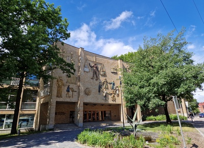 Ceramic reliefs of the facade, main building rephoto