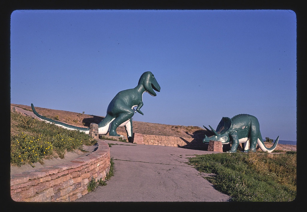 Tyrannosaurus and triceratops, Dinosaur Park, tire, Uniroyal, Rapid City, South Dakota (LOC)