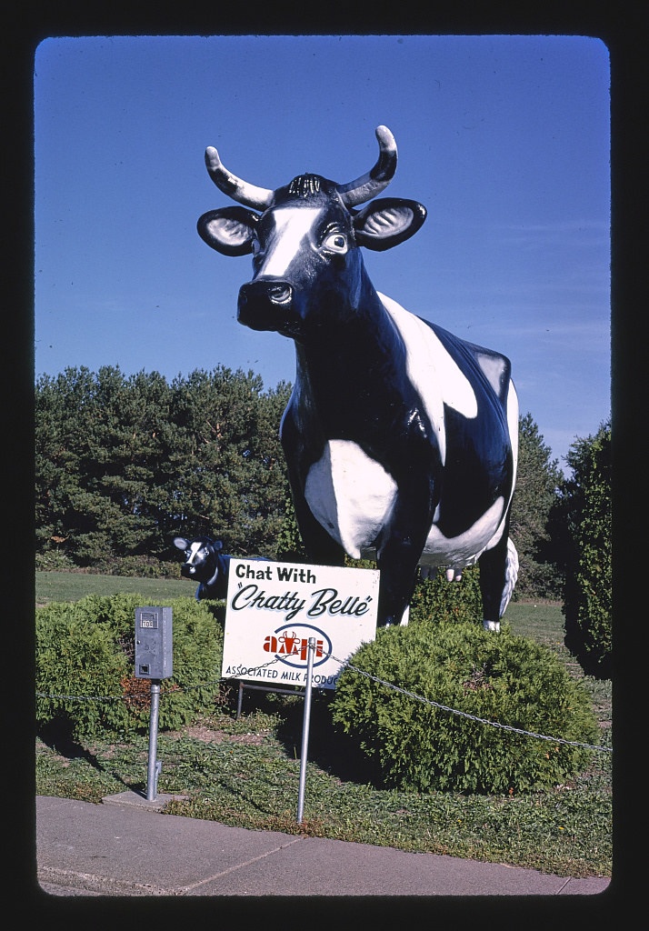 Cheese and Gift Shop, Chatty Belle the Cow statue, slight angle view, Neillsville, Wisconsin (LOC)