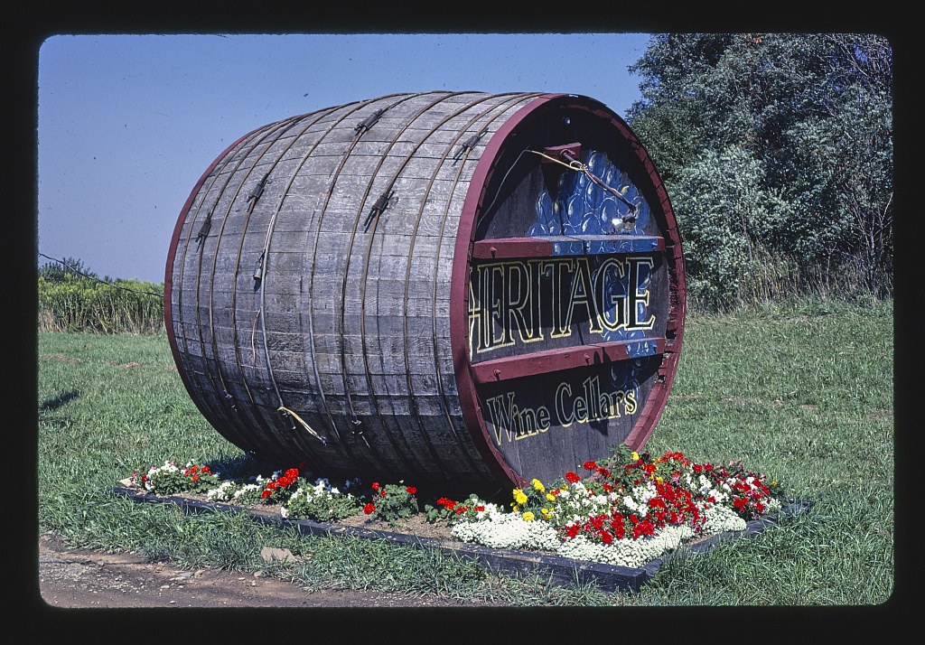 Heritage Wine Cellars barrel sign, Route 20, North East, Pennsylvania (LOC)