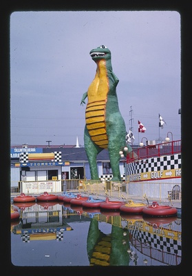 Rebel Yell Raceway dinosaur statue, Route 441, Pigeon Forge, Tennessee (LOC)  duplicate photo