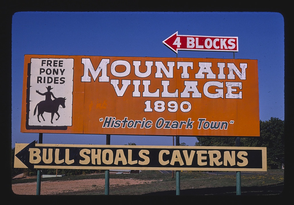 Mountain Village billboard, Route 178, Bull Shoals, Arkansas (LOC)
