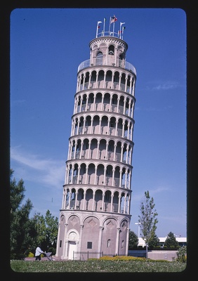 Leaning Tower of Pisa replica statue at YMCA, Touhy Avenue, Niles, Illinois (LOC)  duplicate photo