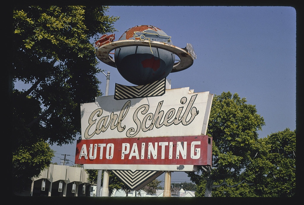 Earl Schieb Auto Painting sign, upper detail, Olympic Boulevard, Beverly Hills, California (LOC)