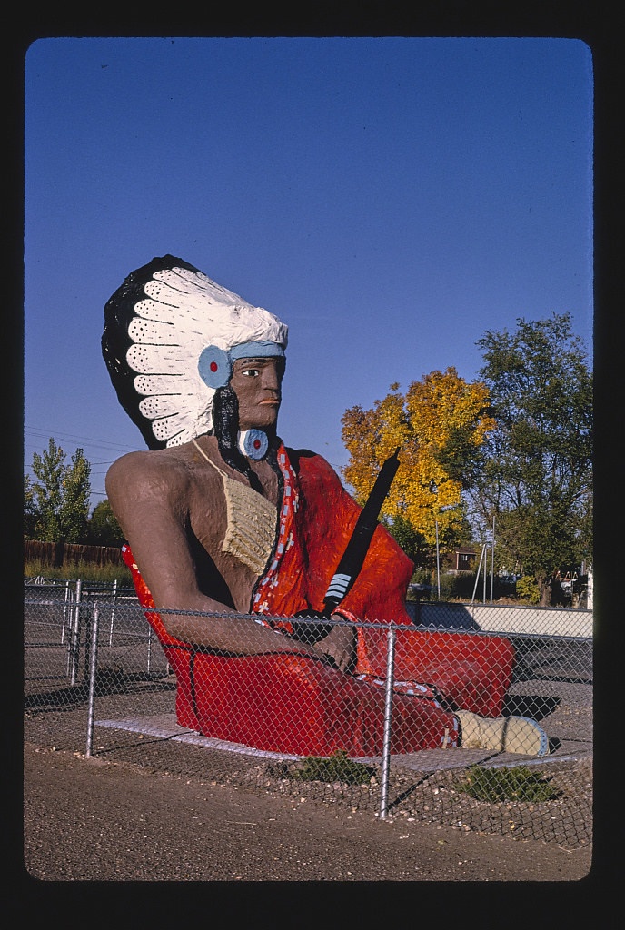 Moqui Indian Trading Post statue-sign, Route 40, Roosevelt, Utah (LOC)