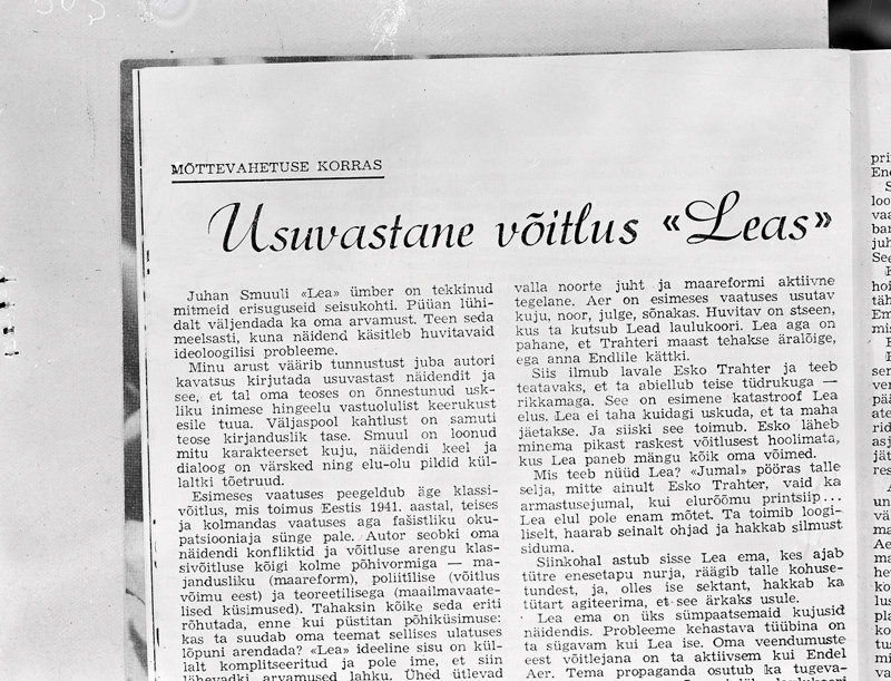 Reprofoto ajalehelõikest, Lea, RAT Vanemuine, 1960, arvustus,`Usuvastane võitlus `Leas`, H. Kaal