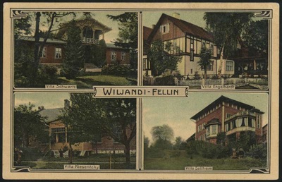 trükipostkaart, Viljandi, 4 villat, Schwartz, Engelhardt, Kieseritzky, Sellheim, koloreeritud, u 1909, H. Leokene (Viljandi)  duplicate photo