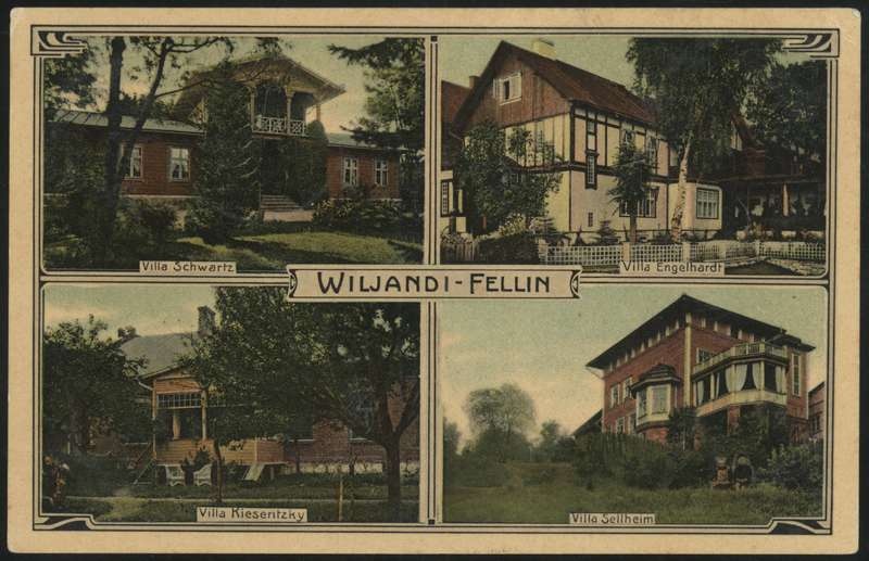 trükipostkaart, Viljandi, 4 villat, Schwartz, Engelhardt, Kieseritzky, Sellheim, koloreeritud, u 1909, H. Leokene (Viljandi)