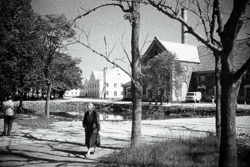 Vaade mõisaaegsele viinaköögile Kõrgessaares (Viskoosas), tagaplaanil 1950. aastatel kalakombinaadi töölistele ehitatud kortermajad.