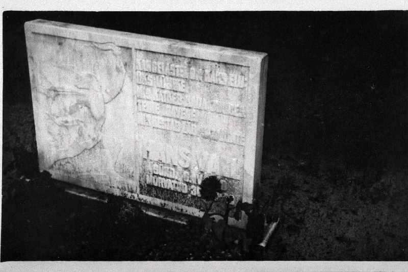 1950. a tulevahetuses kaupluseröövlitega hukkunud ELKNÜ Võrumaa Komitee instruktori Hans Valli hauaplaat Võru kalmistul.