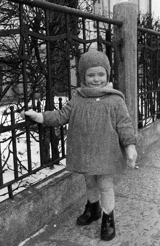 Väike laps seismas sepistatud aiapiirde juures.