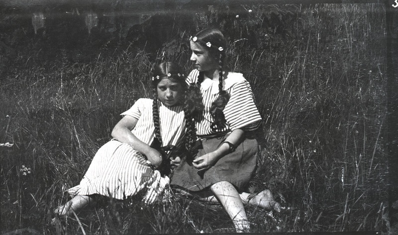 Kaks pikkade patsidega neidu istumas-pikutamas aasal.