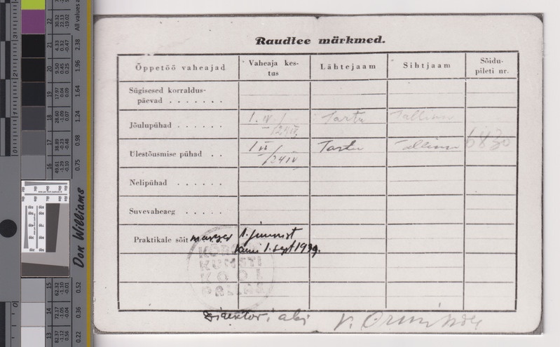 Elmar Kitse raudteesõidu tunnistus 1939.a