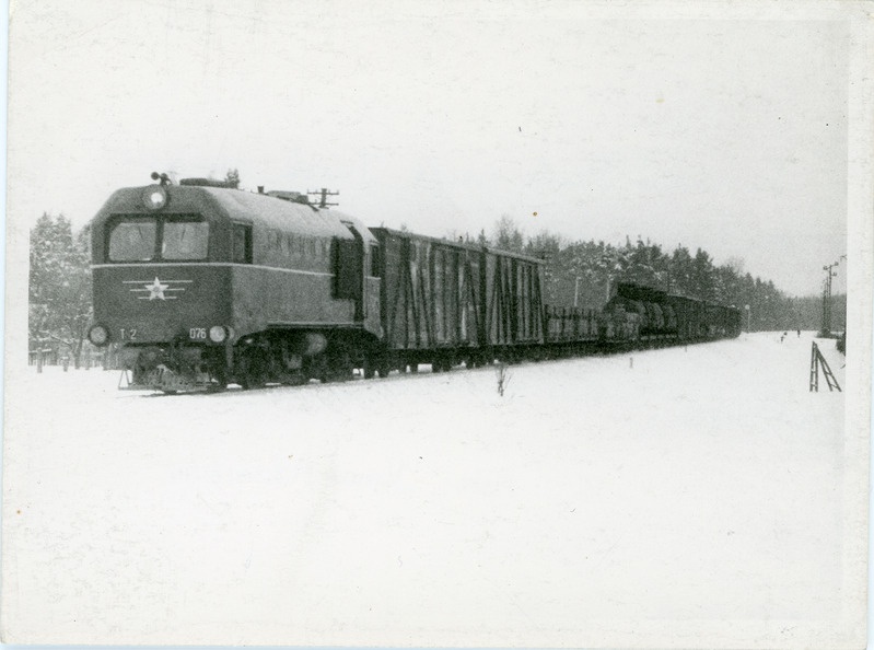 Paide poolt Türile saabuv kitsarööpmeline kaubarong mootorveduriga TU2-076, veebruar 1965, foto: Ilmar Adamson