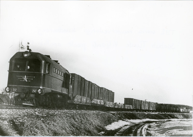 Kitsarööpmeline kaubarong mootorveduriga TU2-245 Viljandi poolt Türle saabumas, aprill 1964, foto: Ilmar Adamson