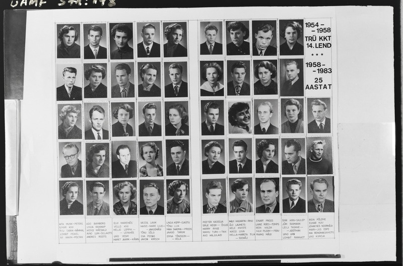 Tartu ülikooli kehakultuuriteaduskonna lõpetamise 25. aastapäeva tähistamine. Koondpilt 48 üliõpilaspõlve portreefotost. 6. oktoober 1983. a.