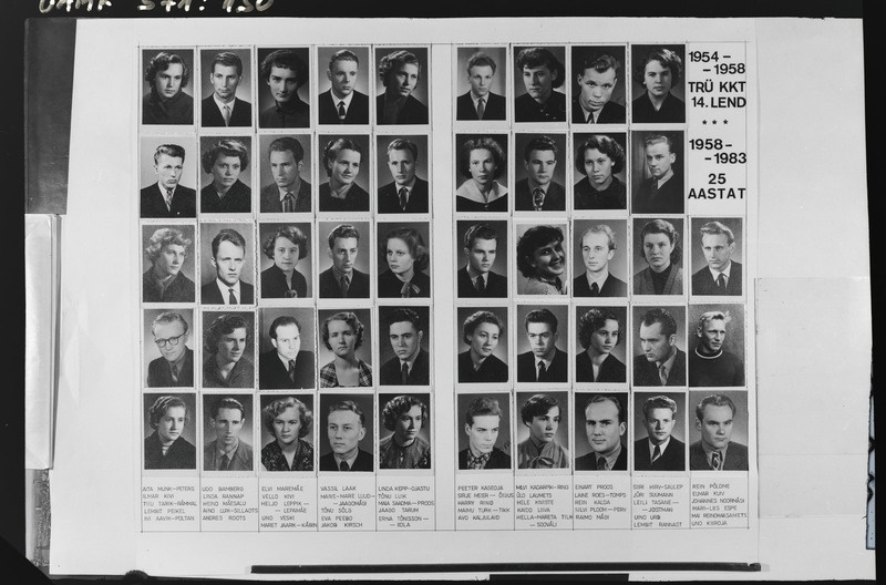 Tartu ülikooli kehakultuuriteaduskonna lõpetamise 25. aastapäeva tähistamine. Koondpilt 48 üliõpilaspõlve portreefotost. 6. oktoober 1983. a.