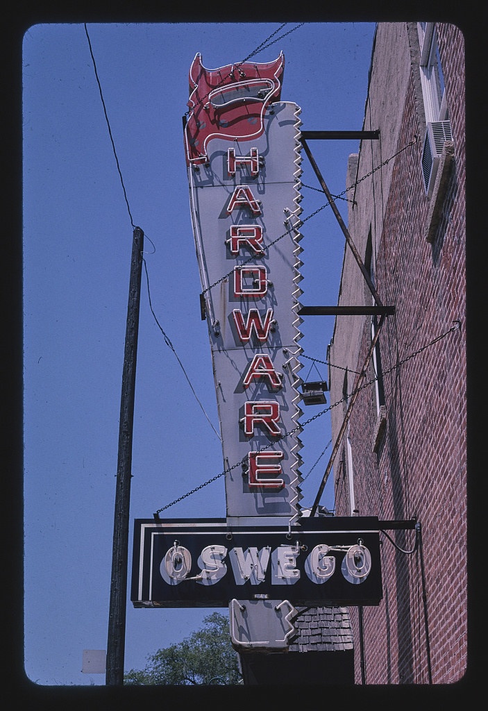 Oswego Hardware sign, Washington Street, Oswego, Illinois (LOC)