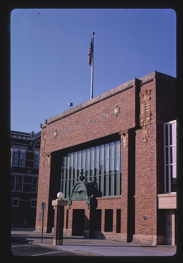 Merchants National Bank (designed by Purcell & Elmslie), angle view of facade, Third & Lafayette, Winona, Minnesota (LOC)