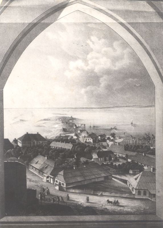 Foto. Haapsalu vaade linnulennult linnusest Uussadama suunas 19. saj algusest. F. Knorre lito järgi.