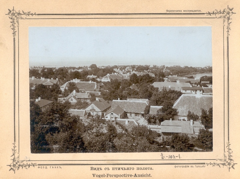 Foto. Haapsalu vaade linnulennult linnusevaremelt Eeslahe suunas. 19. saj lõpp. Foto kleebitud paspartuule.