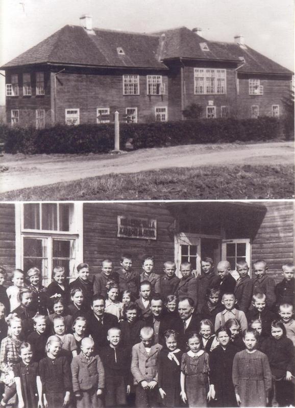 Karaski koolimaja ja õpilased 1945