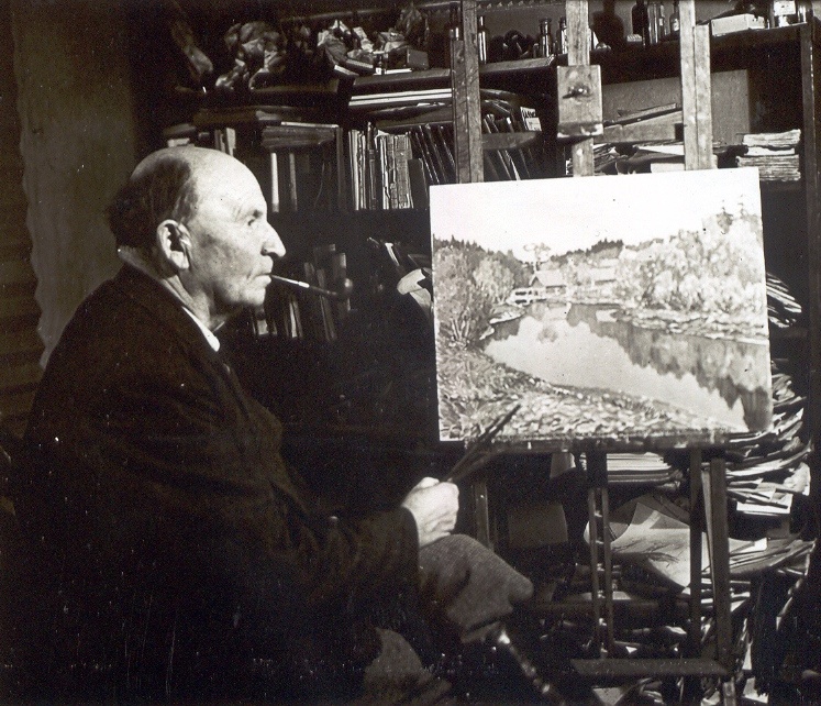 Foto. Jaan Vahtra ( 1882 - 1947) viimistleb maali "Väimela järv"  1946.a.