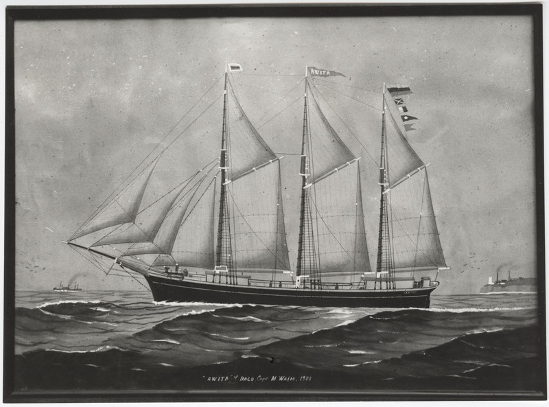 Reproduktsioon maalist: kolmemastiline kahvelkuunar "Avita" merel