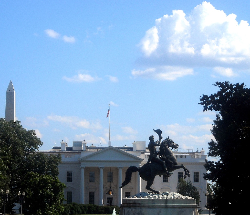 Andrew Jackson statue, White House, Washington Monument - The equestrian sculpture of Andrew Jackson (1852, Clark Mills) located in Lafayette Square in Washington, D.C.  The sculpture is designated as a contributing property to the Lafayette Square Historic District, which was declared a National Historic Landmark in 1970.  The White House and the Washington Monument are visible in the background.