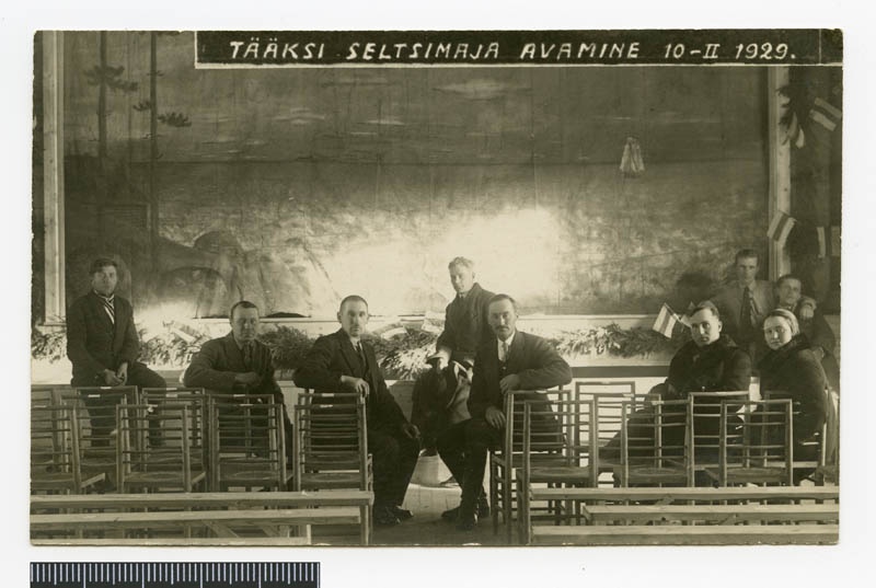 fotopostkaart, Suure-Jaani khk, Tääksi tuletõrje seltsimaja avamine, saal, inimesed, 10.02.1929 foto Oskar Kivisild?