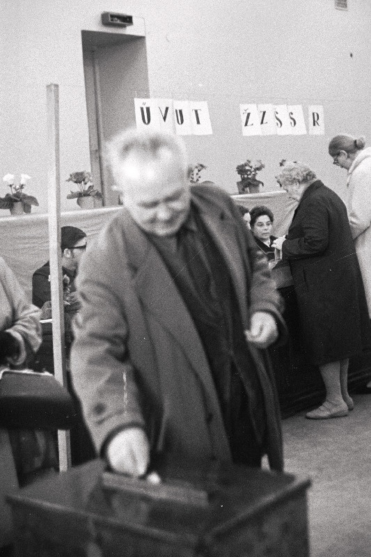 Luuletaja Erni Hiir Eesti NSV Ülemnõukogu ja kohalike töörahva saadikute nõukogude valimiste päeval hääletamas.