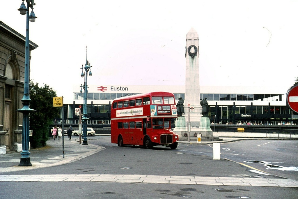 Bus and London and North Western Railway War Memorial at Euston station (Geograph-6678664-by-Alan-Murray-Rust) - Bus and London and North Western Railway War Memorial at Euston station, London, UK, in 1971.  London Transport Routemaster RM285 at Euston Square – 1971
