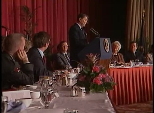 President Reagan's Remarks at the National Prayer Breakfast on February 4, 1982 - Full Title: President Reagan's Remarks at the Annual National Prayer Breakfast at the Washington Hilton hotel in Washington, DC on February 4, 1982
Creator(s): President (1981-1989 : Reagan). White House Television Office. 1/20/1981-1/20/1989  (Most Recent)
Series: Video Recordings, 1/20/1981 - 1/20/1989
Collection: Records of the White House Television Office (WHTV) (Reagan Administration), 1/20/1981 - 1/20/1989
Transcript: https://www.reaganlibrary.archives.gov/archives/speeches/1982/20482a.htm
Production Date: 2/4/1982
Access Restriction(s):Unrestricted
Use Restriction(s):Unrestricted
Contact(s): Ronald Reagan Library (LP-RR), 40 Presidential Drive, Simi Valley, CA 93065-0600
Phone: 800-410-8354, Fax: 805-577-4074, Email: reagan.library@nara.gov
National Archives Identifier:38995387

https://catalog.archives.gov/id/38995387