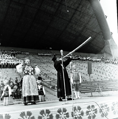 Näitlejad Laine Mesikäpp ja Endel Simmermann Lauluväljakul toimunud rahvaste sõpruse kontserti avamas.  similar photo