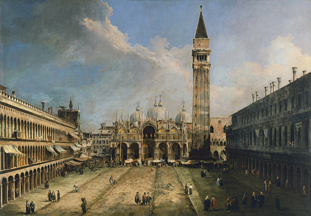 The Piazza San Marco in Venicelabel QS:Les,"Plaza de San Marcos"
label QS:Lfr,"La Place Saint-Marc à Venise"
label QS:Lpl,"Plac św. Marka w Wenecji"
label QS:Lnl,"The Piazza San Marco in Venice"
label QS:Lca,"La plaça de San Marco de Venècia vers la basílica"
label QS:Lde,"Markusplatz mit Blick auf den Markusdom"
label QS:Len,"The Piazza San Marco in Venice"
label QS:Lit,"Piazza San Marco verso la Basilica" - The paving of the Piazza San Marco in Venice was replaced between 1723 and 1734 as designed by Andrea Tirali. In the present canvas the areas of paving nearest to the Procuratie are completed but the central element is unfinished. This central area would have a geometrical design, as can be seen in the canvas by Canaletto in the collection of the Duke of Bedford, dated to the following decade to the present one. The state of the piazza seen here corresponds to 1723 to 1724 and it is known that between 1725 and 1727 the decorative paving on either side to the central zone was completed.