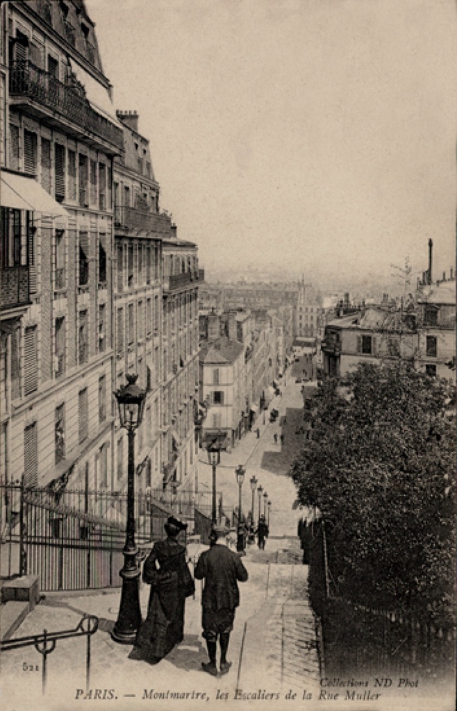 Rue Muller, Paris, vue depuis le haut de la butte Montmartre - lang