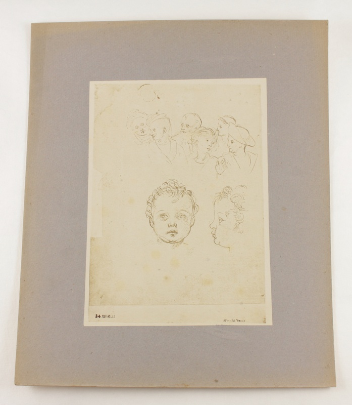 Joonistus väikelapse portreest ja kuueliikmelisest grupist. Raffael