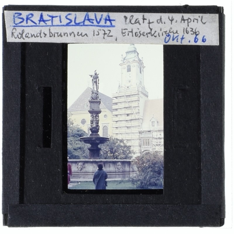 Bratislava, Old Town Hall, Bratislava, Maximilianbrunnen, Bratislava, Jesuit Church - Caption: BRATISLAVA: Place d. 4 April/Rolandsbrunnen 1572, Savior Church 1636/Oct. 66