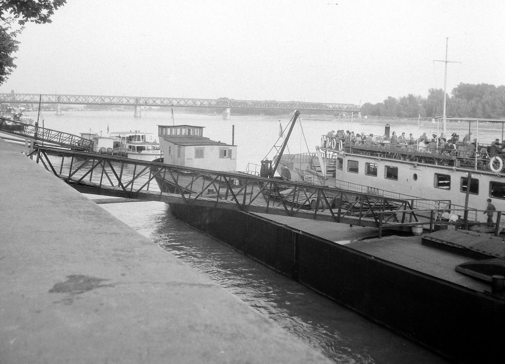 Pozsony 1958, Kikötő, háttérben a vasúti híd. Fortepan 7774 - lang